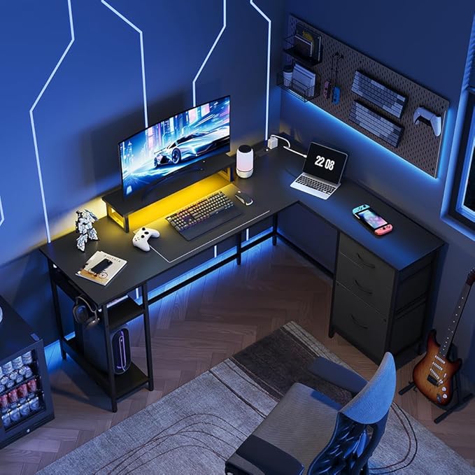 DEVAISE 60 Inches L Shaped Desk with Drawers, L Shaped Gaming Desk with Power Outlets, LED Lights, Monitor Stand, Computer Desk with Storage, Large Corner Table for Home Office (Black)