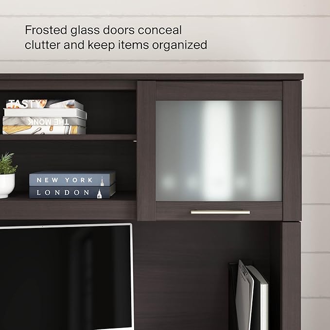Bush Home 60-Inch Desk Hutch, Office Storage Organizer with Shelves, Cubbies and Frosted Glass Doors for Computer Desk, Home Office Furniture, Somerset Collection, Storm Gray