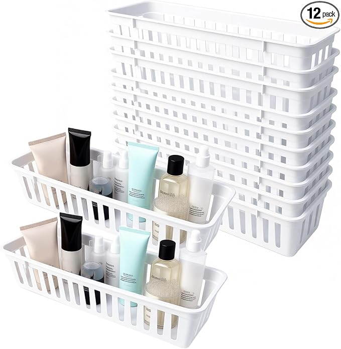 12 Pcs Storage Bins, Plastic Trays For Organizing, Stackable Drawer Pencil Trays, Slim Plastic Storage Baskets, White Desktop Storage Box, 10.2 x 3.1 x 2.4 in / 26 x 8 x 6 cm