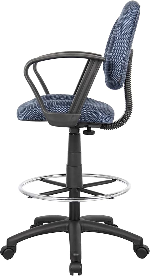 BOWERY HILL Contemporary Fabric Drafting Stool, Blue Tweed Upholstery, Adjustable Loop Arms, Pneumatic Seat Height, Chrome Footrest, Nylon Base, Dual Wheel Casters, Ergonomic Office Chair