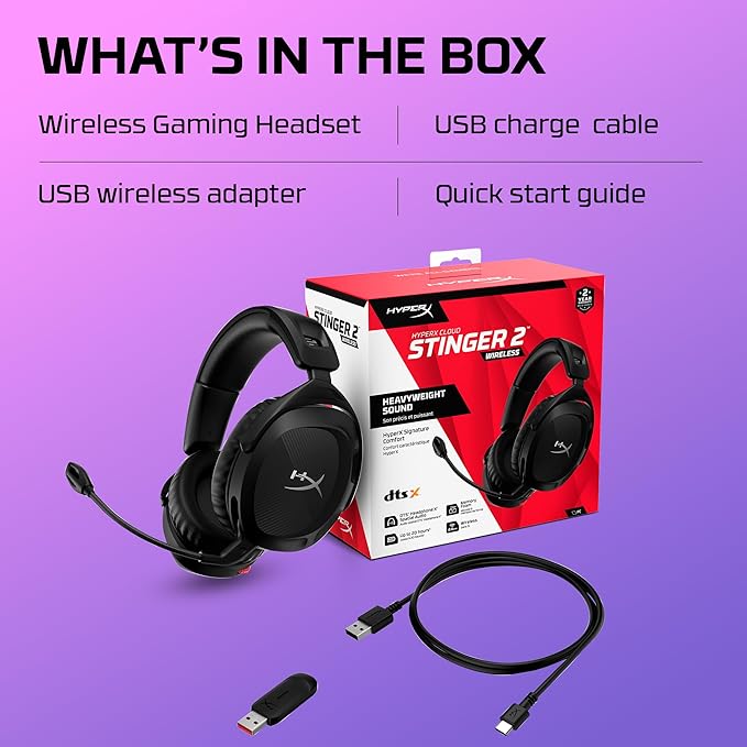 HyperX Cloud Stinger 2 - Wireless Gaming Headset – Compatible with PC. Noise-cancelling Swivel-to-mute Microphone, Comfortable Memory Foam, UP to 20 hours of battery life,Black