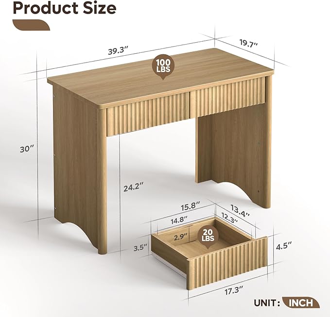 Bestier Fluted Computer Desk with 2 Drawers, 40 Inch Small Wooden Writing Study Work Desk, Computer Table, Compact Executive Home Office Desk for Small Spaces, Bedroom, Study, Living Room