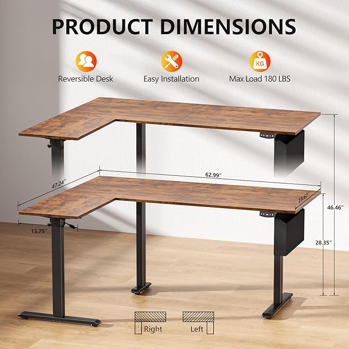 Korfile L Shaped Electric Standing Desk,63 Inch Adjustable Height Sit to Stand Corner Desk with Memory Presets, Reversible Computer Table for Home Office, Work and Study, Rustic Brown