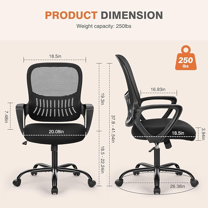 GIA 40'' Home Office Desk and Office Chair Set,Compact Writing Desk with 2-Tier Storage Drawers, Black Wood Computer Desk and Mesh Chair with Fixed Armrests and Soft Foam Seat Cushion for Small Spaces