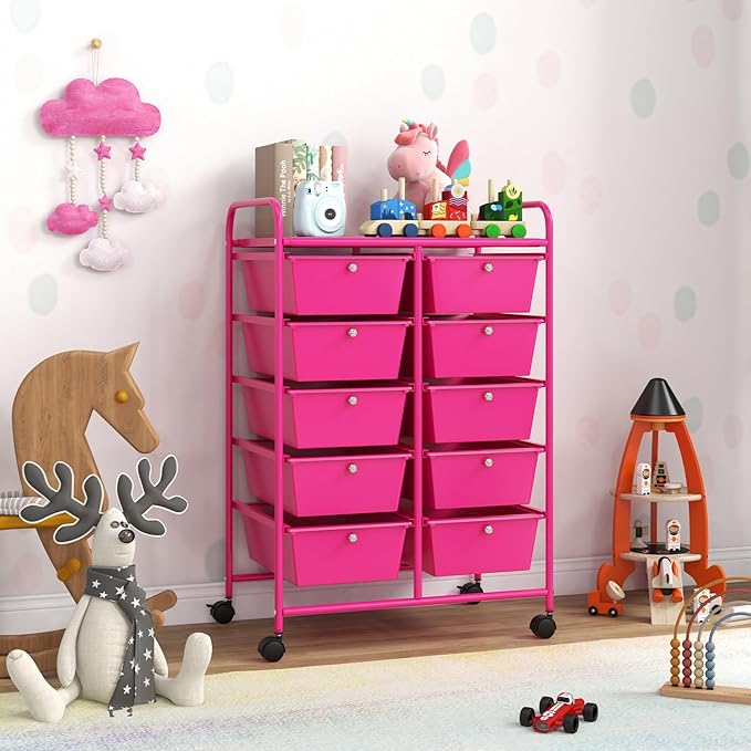 “Moccha 10-Drawer Rolling Storage Cart - Under Desk Storage Drawers with wheels for Craft Art Supply Paper Salon, Scrapbook Paper Tools, Storage Drawers Organizer, Mobile Utility Cart for Classroom