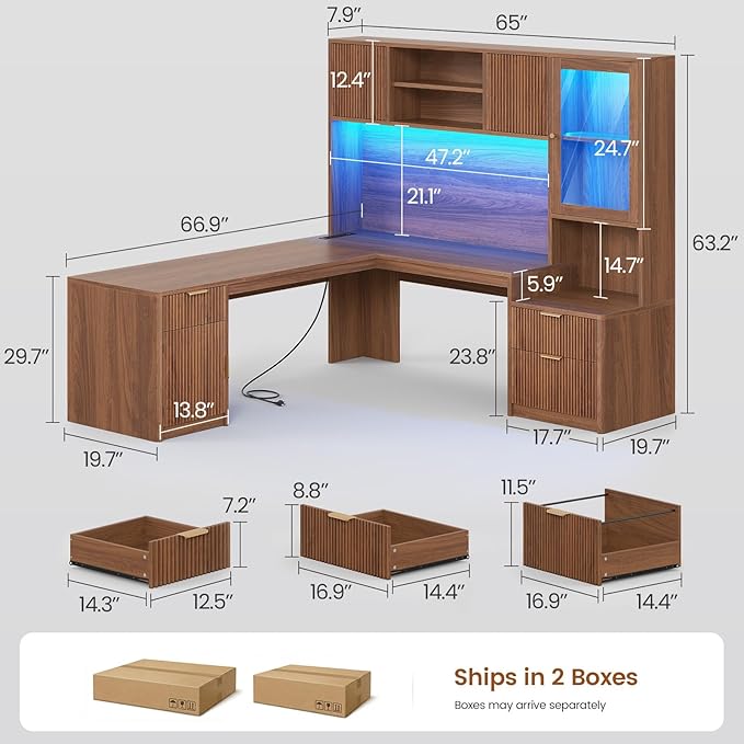 SEDETA 67" x 65" L Shaped Desk with Hutch, RGB LED Corner Computer Desk with Power Outlets, Fluted Home Office Desk with File Drawer, Storage & Glass Display Cabinets for Gaming & Working, Brown