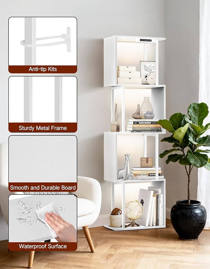 5 Tier S-Shaped Geometric Bookshelf with LED Light, 3 Color Temperatures, Touch & Remote Control, Dimmable Standing Bookcase, Small Display Shelf for Living Room, Bedroom, Office(White)