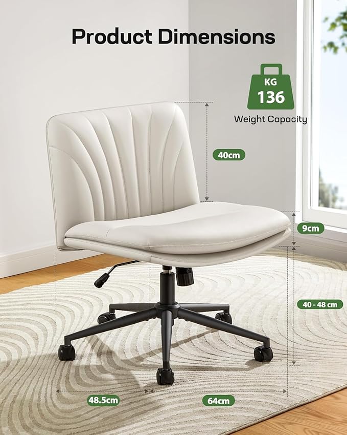 Marsail Armless-Office Desk Chair with Wheels: PU Leather Cross Legged Wide Chair,Comfortable Adjustable Swivel Task Chairs for Home,Office,Make Up,Small Space,Bed Room(Light Beige)