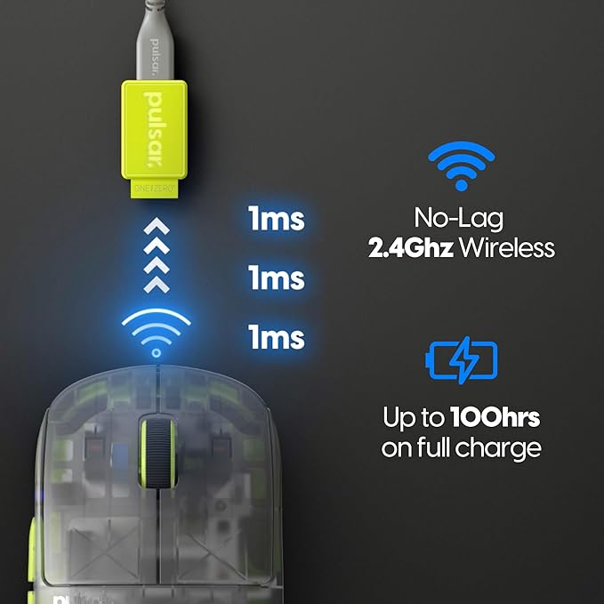 Pulsar Gaming Gears X2H Wireless Gaming Mouse, Ultra Lightweight 1.90 oz (54 g), Symmetrical, Optical Switch, 26000 DPI, PAW3395 Sensor (Medium, Wireless, Acidic Green) (Renewed)