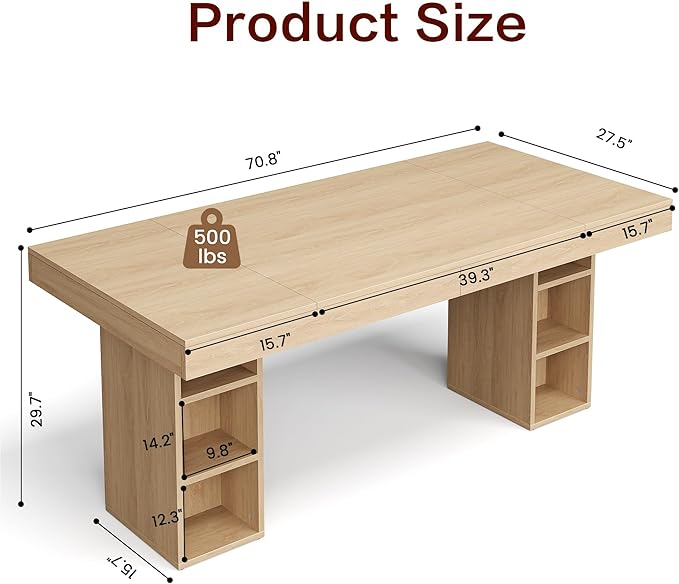 IDEALHOUSE 71” Executive Desk with Cabinet Storage, Farmhouse Home Office Desk, Wooden Computer Desk with Extra Thickened Tabletop & Metal Frame, for Work Study Writing, Oak