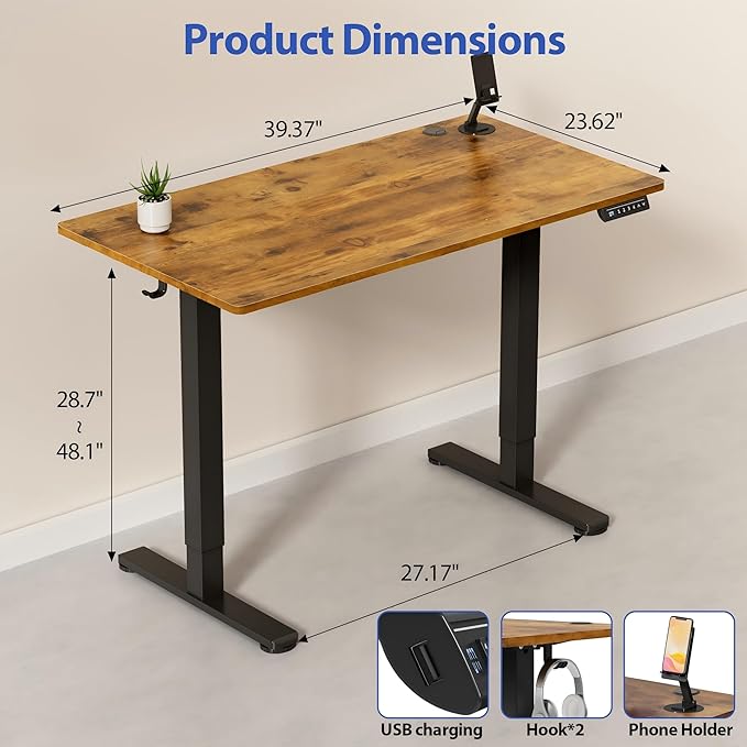 YESHOMY Height Adjustable Electric Standing Desk, 39 x 24 Inches Memory Home Office Sit Stand up Desk with Phone Holder and USB Charging Port, Rustic Brown