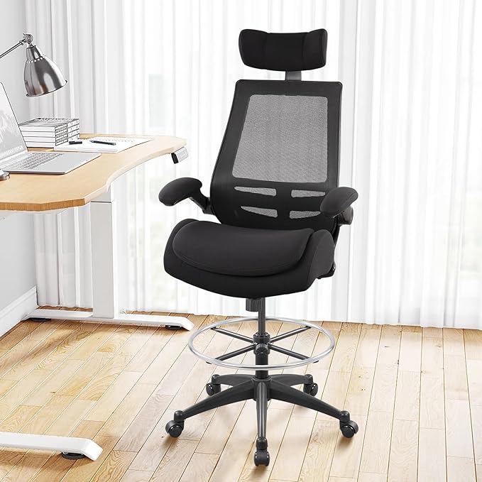 400lbs Ergonomic Drafting Tall Office Chair for Adjustable Standing Desk with Flip-Up Arms, Headrest (with Footring, Black)