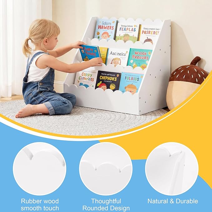 BALAPET Scalloped Book Shelf for Kids, 3-Tier Wooden Bookshelf Perfect Height for 1-5 Years Toddler, Durable Bookcase Book Organizer for Nursery Room(White,16.5 * 16.5 * 10.6in)
