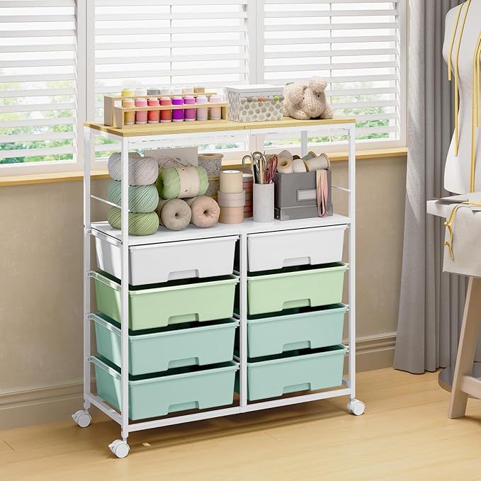 Rolling cart with 8 drawers,Storage drawer cart with wooden tabletop,Lockable wheels organizer for homeschool, arts & crafts, classroom, office & creative spaces (Green)