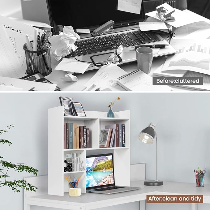 Desktop Bookshelf 36" Tall, White Desk Hutch for Computer Desk, 4-Tire Wood Desk Shelf Storage Organizer for Office Home