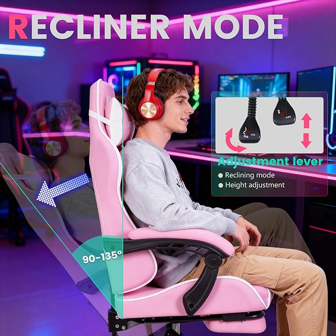 Gaming Chair Office Chair Desk Chair with Footrest Lumbar Support Headrest Armrest Task Rolling Swivel Ergonomic E-Sports Adjustable PC Gamer Chair(Pink)
