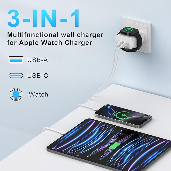 for Apple Watch Charger, 3 in 1 USB C Portable Wall Fast Charging Block, 23W Dual Ports Charging for iWatch Series 10/9/8/7/6/SE/5/4/3/2/1/Ultra, for iPhone 17/17 Pro/17 Pro Max/16/15
