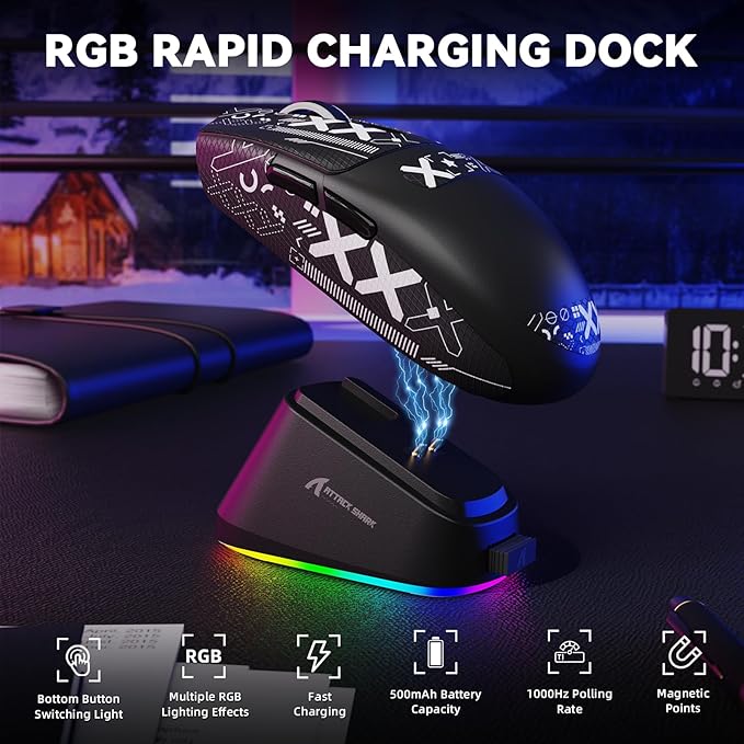 MAMBASNAKE ATTACK SHARK G3PRO Wireless Gaming Mouse with RGB Magnetic Charging Dock, Tri-Mode-2.4G/USB-C Wired/BT,25K DPI,PAW3311 Optical Sensor,59g Ultra Lightweight,Slip Grip Tape for PC/Mac(Black)