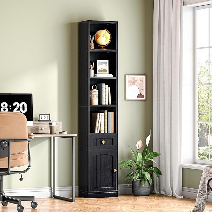 HOOBRO 70.9" Inch Tall Bookcase, Tall Narrow Bookshelf with Storage Cabinet, Open Shelf with Adjustable Shelf, Space Saving Storage Shelf Bookcase for Office, Living Room, Bedroom, Black BK42SJ01