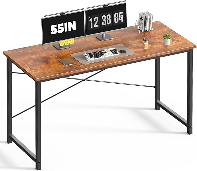 DUMOS 55 Inch Computer Office Desk Writing Gaming Study Work Large Desks for Bedroom Home Office with Metal Frame Simple Modern PC Table Workstation, Wood Brown