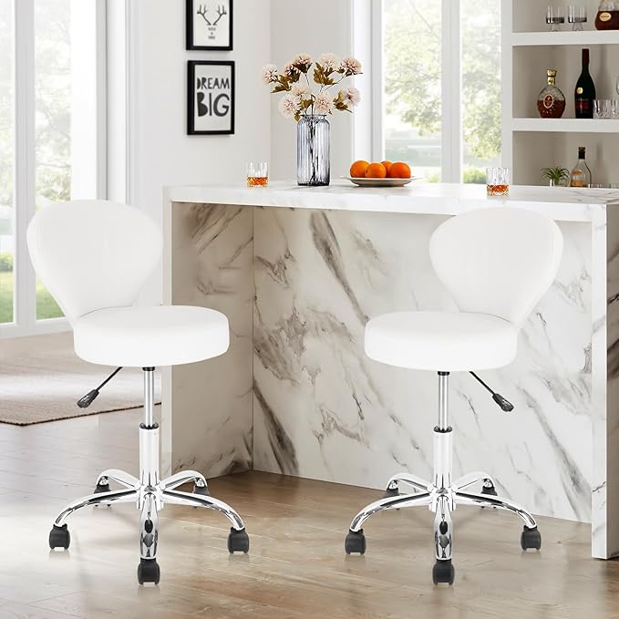 KLASIKA Leather Rolling Salon Stool with Back Support and Wheels Adjustable Height Swivel Spa Stools for Office Massage Facial Medical Drafting Tattoo Beauty Barber Lab Doctor Clinic Tattoo, White