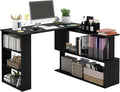 HOMCOM L Shaped Desk, Corner Computer Desk, 360 Degree Rotating Home Office Desk with Storage Shelves, Writing Table Workstation, Black