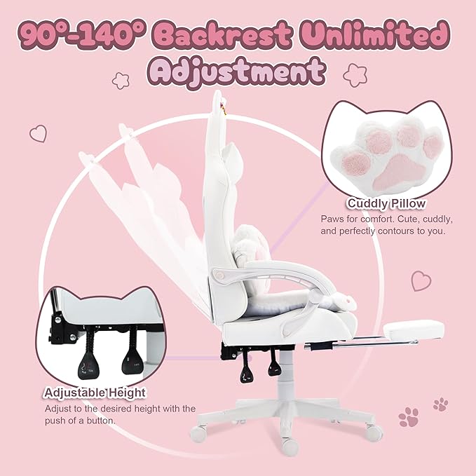 Dowinx Gaming Chair Cute with Cat Ears and Paw Lumbar, Ergonomic Computer Chair for Girl with Footrest and Headrest, Comfortable Reclining Game Chair 290lbs for Adult, Teen, White