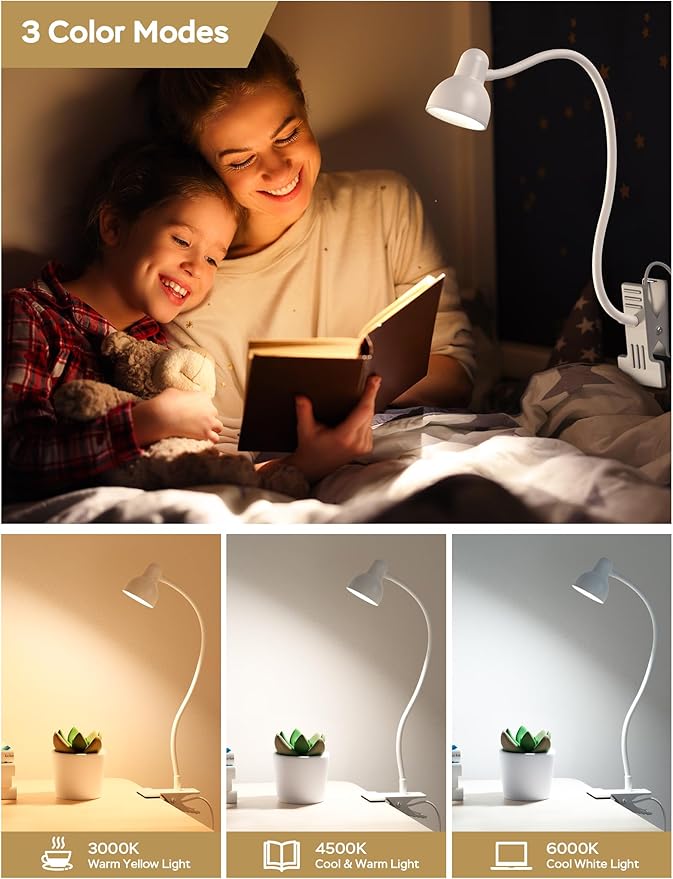 LiFMIRA Clip on Lamp USB Reading Light, 3 Color Modes, 10 Brightness Dimmable, Flexible Gooseneck Desk Lamp with Clamp, Eye Care Clip on Light for Bed Desk Headboard Home Dorm White