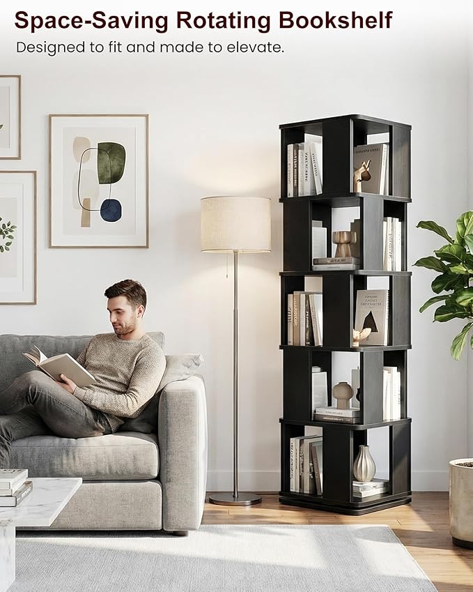 Foxemart 5-Tier Rotating Bookshelf Tower, 360° Spinning Modern Book Storage Bookcase, Stable Display Corner Book Shelf for Kids Room, Living Room, Bedroom, Home Office, Black