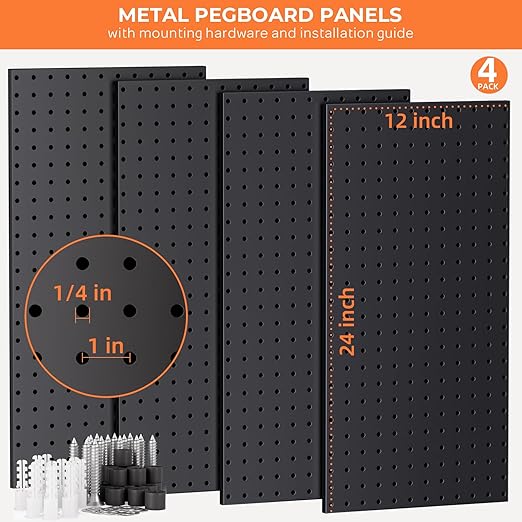 INCLY 4 Pack Peg Board, 12"x24" Upgrade Heavy Duty Metal Pegboard Panels, Black Pegboard Wall Organizer, Peg Board Panels for Walls Home, Garage Tools Storage, Shed, Craft Room, Office, Kitchen