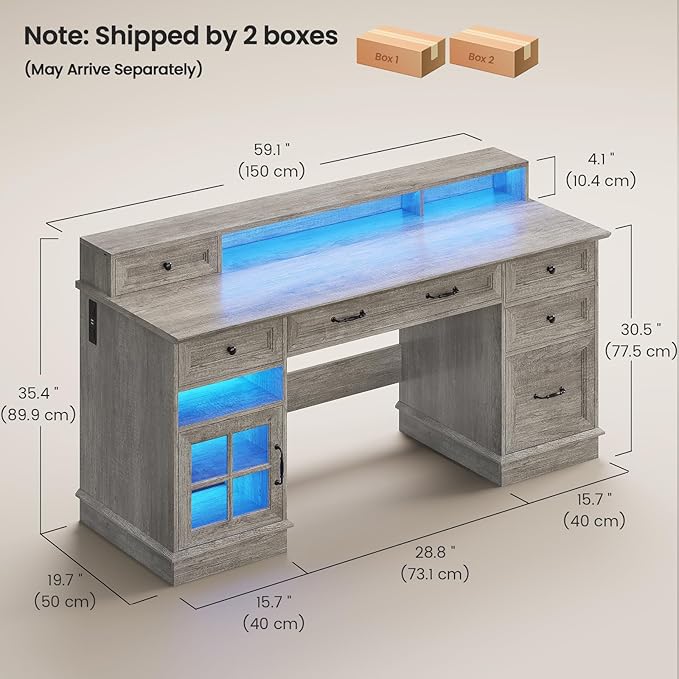 HAUOMS Farmhouse Executive Desk with Drawers Computer Desk with File Drawers, Power Outlet and Led Lights, Executive Office Desk with Storage Cabinet and Monitor Shelf for Home Office, Grey