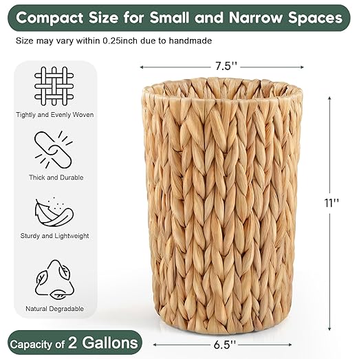 2 Gallon Wicker Trash Can, Woven Water Hyacinth Wicker Waste Basket for Bathroom, Small Trash Can for Bedroom, Round Garbage Can for Boho Decor Bedroom Bathroom