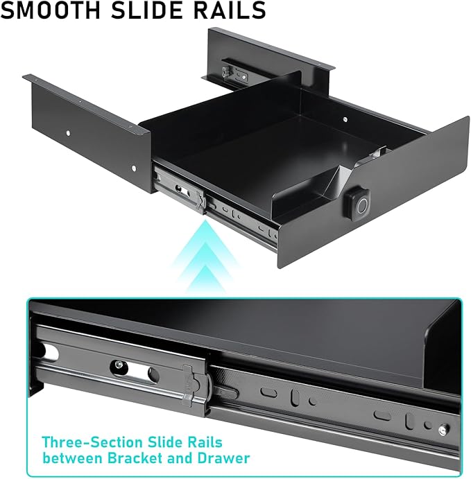 Under Desk Drawer with Biometric Fingerprint Lock, Metal Undermount Table Drawer, Slides Out Tray Organizer for Paper, Pencil, and Laptop 16"x11.8"x3.6", Black with Fingerprint Lock