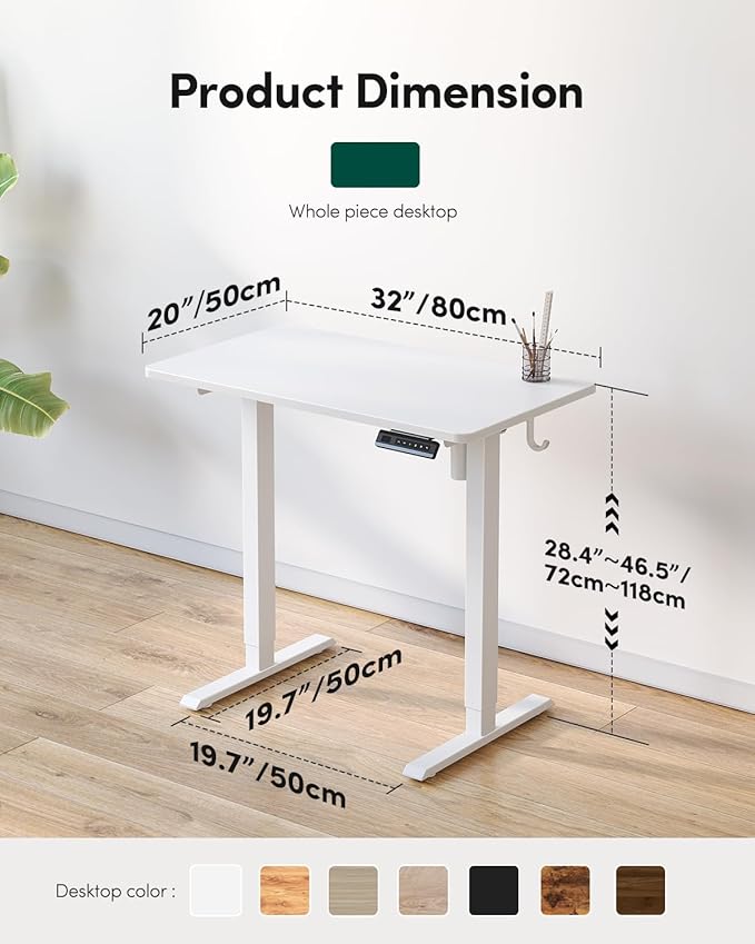 CubiCubi 32 x 20 Small One-Piece Standing Desk, Adjustable Height Electric Computer Home Office Sit Stand up Workstation, with 4 Memory Presets, Headphone Hook, White