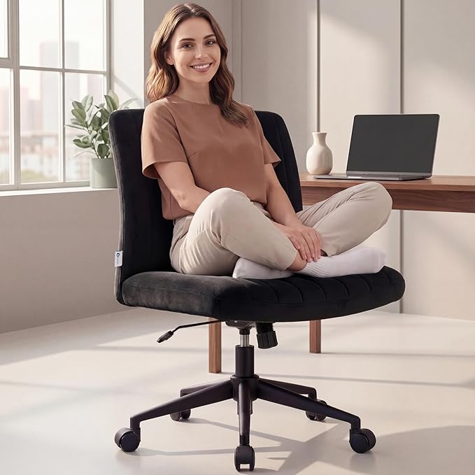 NYPOT Armless Desk Chair with Wheels for Criss Cross Sitting - Cross Legged Wide Armless Chair - Adjustable Vanity 360° Swivel Stool and 120° Rocking Wide Seat Comfy for Home and Office, Black Velvet