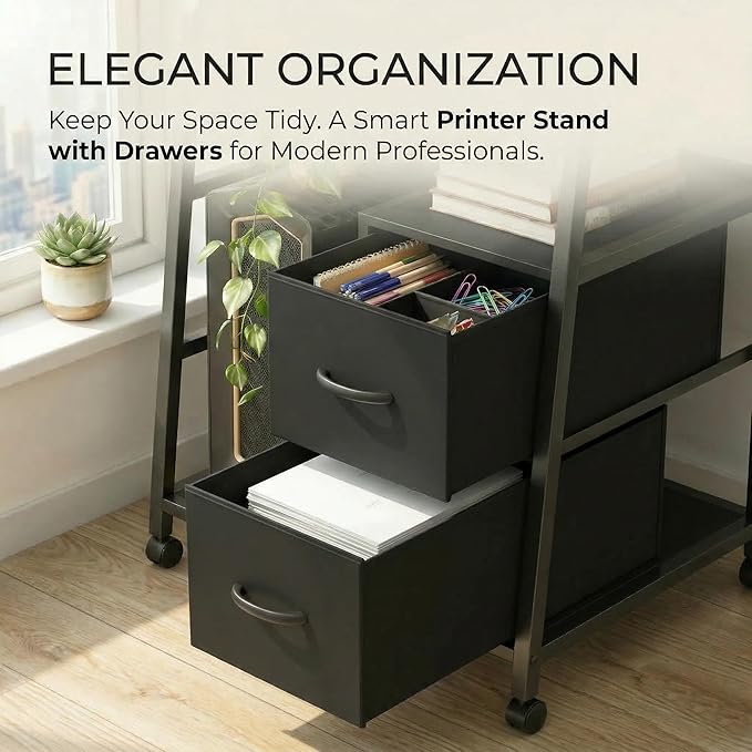 Printer Stand Featuring Fabric Drawers, Under Desk Host Computer Cabinet and Shredder Shelf, Heavy Duty Printer Stand with Storage Workstation Organization Printer Table for Home Office