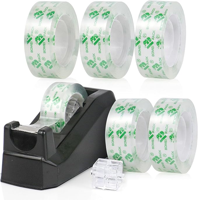 BOMEI PACK Tape Dispensers Desk, 1 Pack Black with 6Rolls Transparent Tape Refills, 1 Inch Core, for Gift Wrapping, School, Office and Home