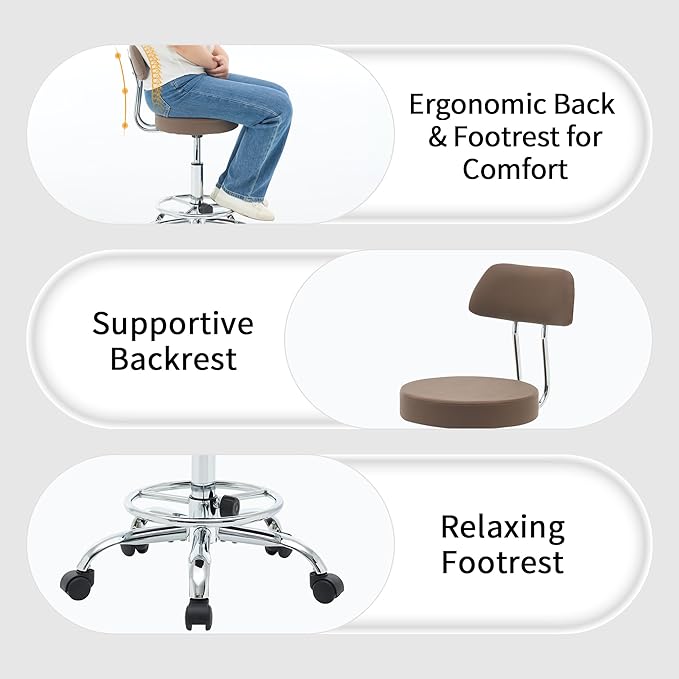 FIRAVOE Office Drafting Chair (Rolling Office Stool) (Adjustable Height Footrest Massage Chair 19.5"-26.6") Lab Stool with Back (Coffee Brown)