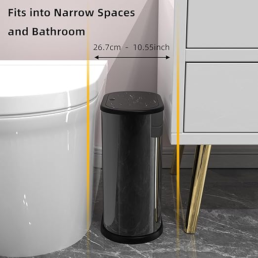KSSKSS 1.8 Gallons Small Stainless Steel Trash Can with Press Type Lid, Slim Bathroom Garbage Bin, Removable Liner Bucket, Narrow Wastebasket with Pop-Up Lid for Bedroom,Toilet (Titanium Black)