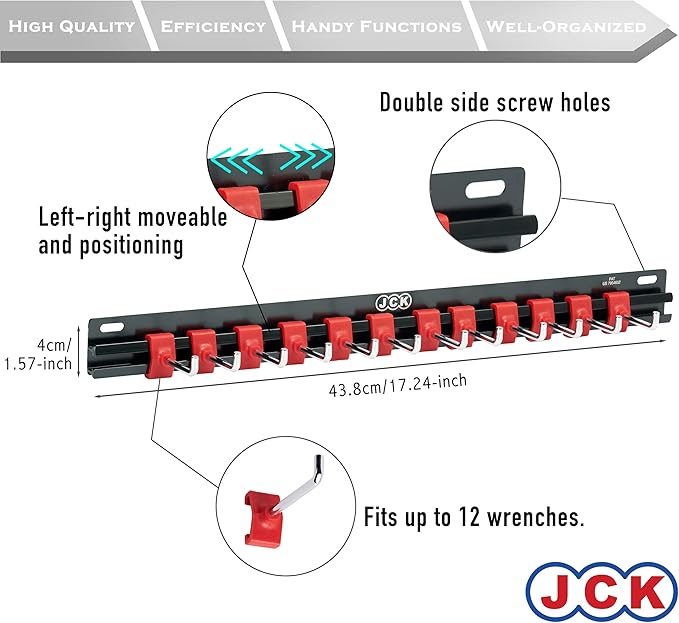 JCK Professional Quality Rack of Wrench Organizer Black Aluminum & Red Plastic Clips molding Integrated with Stainless Steel 304 Hooks Organize Wrenches Secure Clip Toolbox Combination Storage