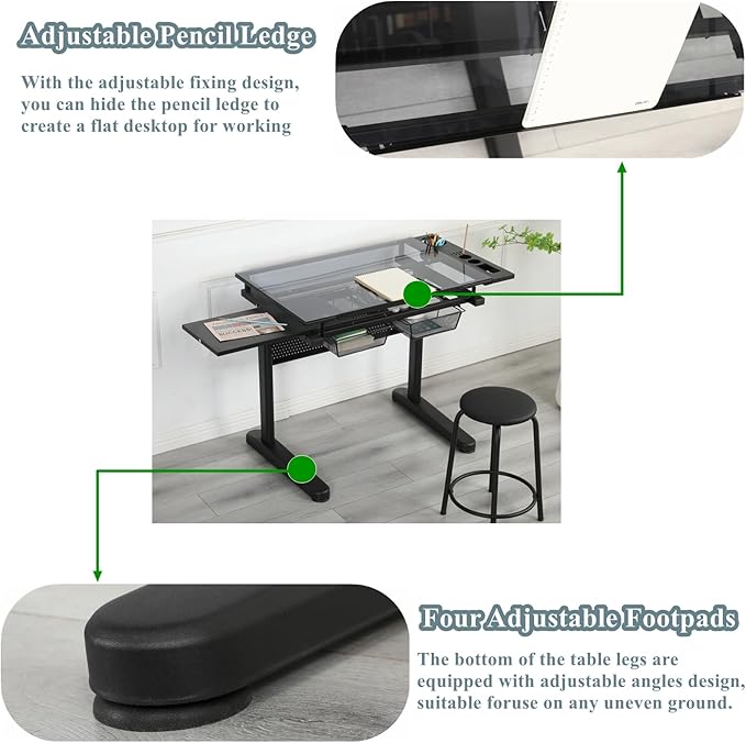Glass Drafting Table, Height Adjustable Drawing Table with Storage & Stool, 75° Tilting Tops Art Table for Artists, Architects and Designers, Space-Saving & Specialty Options, Type 3-Black