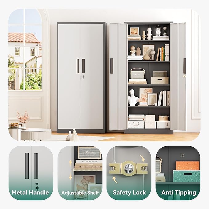 Greenvelly 63" H Metal Storage Cabinet Grey White, Locking Metal Cabinet, Store Tools, Clothes, Tableware and Toiletries, Garage Cabinets with Adjustable Shelves for Office, Home, Garage, Pantry