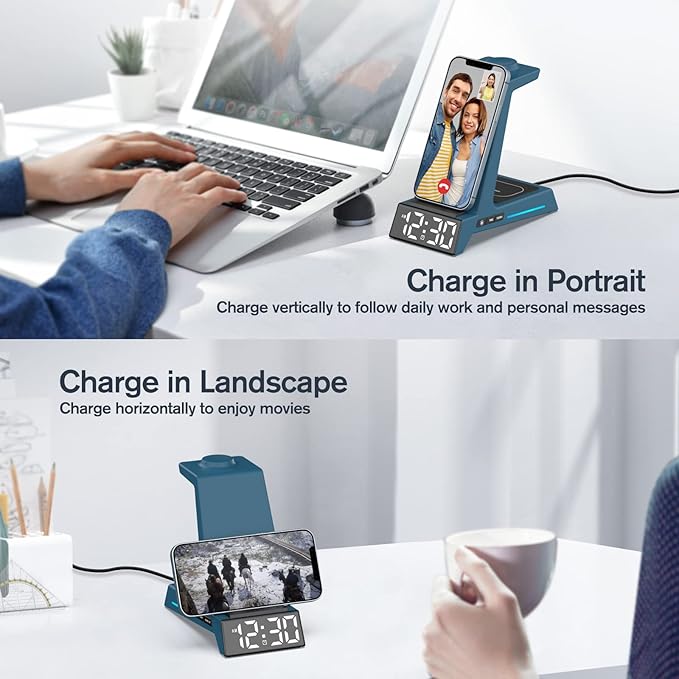 ANJANK Wireless Charging Station for Multiple Devices Apple, 3 in 1 Wireless Charger Stand with Alarm Clock, Charging Dock for iPhone 16/15/14/13/12/11/Pro/Max/XR/XS/8 Plus/iWatch/AirPod