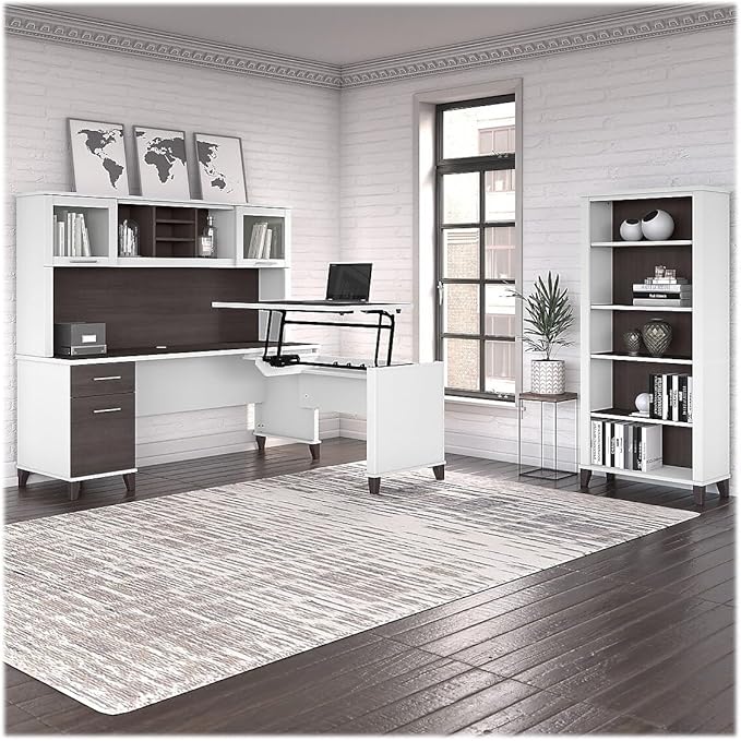 Bush Furniture Somerset 72W 3 Position Sit to Stand L Shaped Desk with Hutch and Bookcase in White and Storm Gray