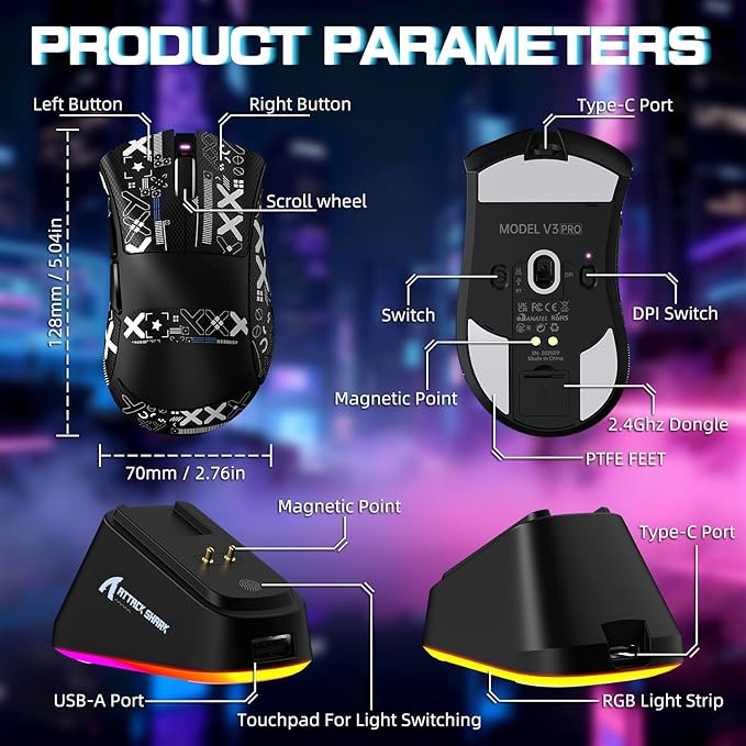 ATTACK SHARK V3PRO Wireless Esports Gaming Mouse with Magnetic Charging Dock:62g Lightweight-1K Polling-25K DPI-PAW3311 Sensor,Wired/BT/2.4Ghz Programmable,BK52820 IC for PC Laptop Gamer(Black+Tape)