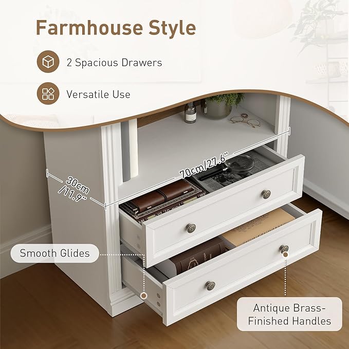 RALGEND Farmhouse Arched Bookshelf, 7 Tiers Arch Bookcase with 2 Spacious Drawers, Modern Book Shelf with Open Display Shelves and Storage Cabinet, for Office, Living Room, Kitchen, Walnut and White