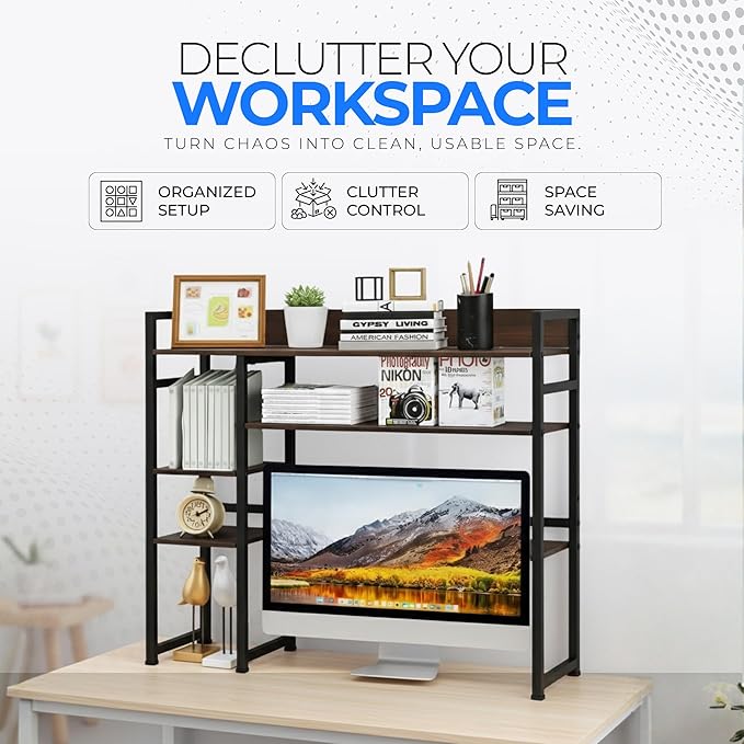 Desk Shelf Storage, 38 Inch, 4-Tier Wood Bookshelf Organizer, Computer Desk Hutch – Dark Brown, Desktop Bookshelf Organizer Shelf for Desk for Dorm Workspace and Home Office Use