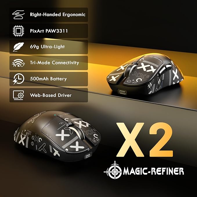 MAGIC-REFINER X2 Superlight Wireless Gaming Mouse,BK3633 Tri-Mode BT/2.4G Wireless/Wired Mouse with Grip Tape,25000DPI,1000Hz Polling Rate,500mAh,Large Size,5 Programmable Buttons for Pc/Mac,Black PRO