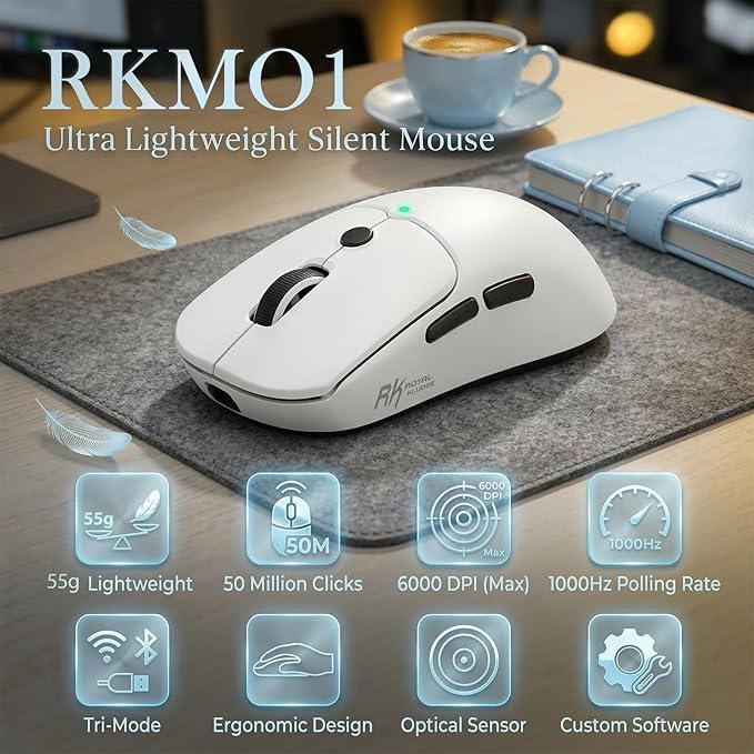 RK ROYAL KLUDGE MO1 Wireless Mouse, 55g Ultra-Lightweight Computer Mice, 6 Programmable Buttons, 2.4GHz/Bluetooth/Wired, 6000 DPI Optical Sensor, White