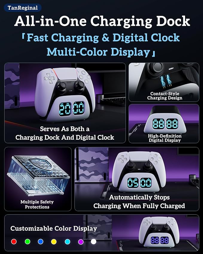 P5 Controller Charger Dock，Controller Charging Station Stand Compatible with P5, Charger Station with Cable for P5 「 Fast Charging, Alarm Clock, Multiple Lighting Effects」